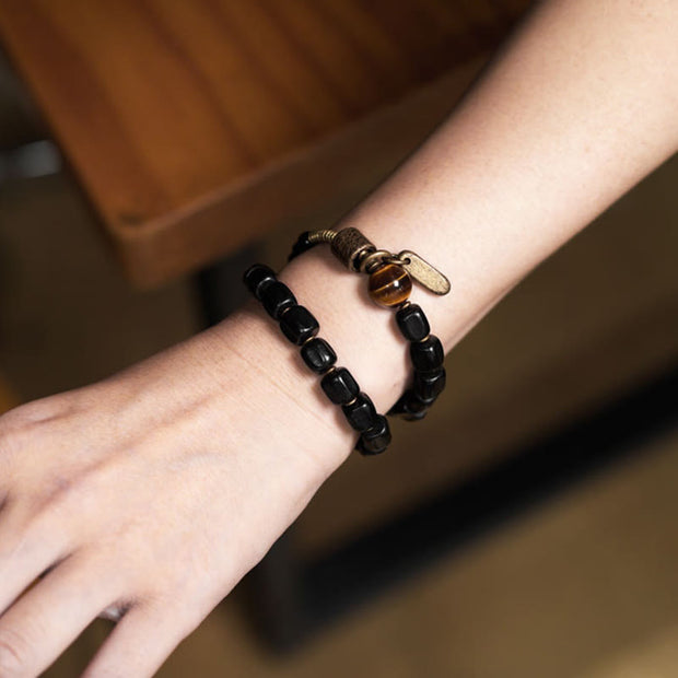 Buddha Stones Ebony Wood Copper Brass Tiger Eye Peace Double Wrap Bracelet