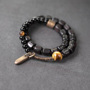 Buddha Stones Ebony Wood Copper Brass Tiger Eye Peace Double Wrap Bracelet Bracelet BS 8