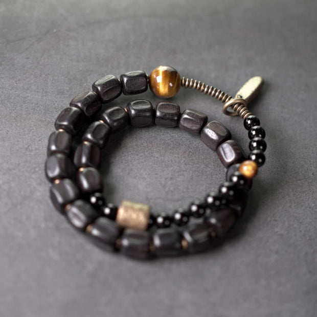 Buddha Stones Ebony Wood Copper Brass Tiger Eye Peace Double Wrap Bracelet Bracelet BS 1