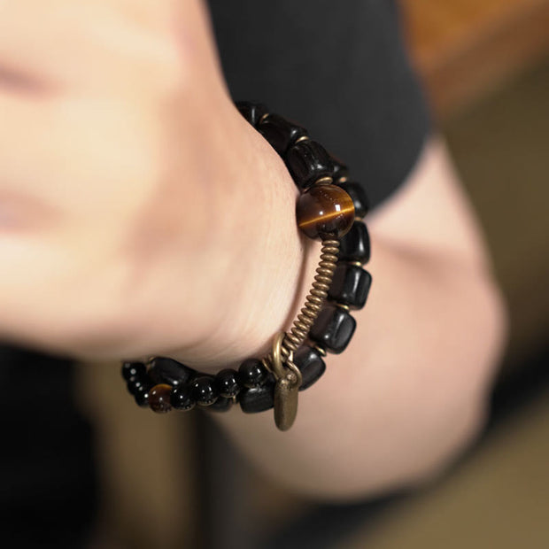 Buddha Stones Ebony Wood Copper Brass Tiger Eye Peace Double Wrap Bracelet