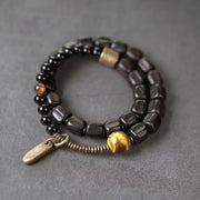 Buddha Stones Ebony Wood Copper Brass Tiger Eye Peace Double Wrap Bracelet