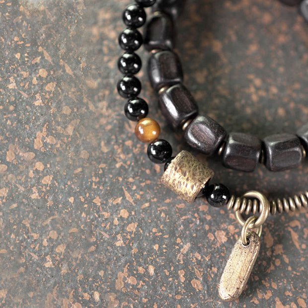 Buddha Stones Ebony Wood Copper Brass Tiger Eye Peace Double Wrap Bracelet