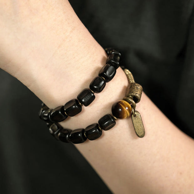 Buddha Stones Ebony Wood Copper Brass Tiger Eye Peace Double Wrap Bracelet