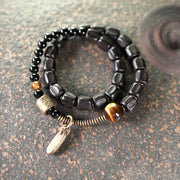 Buddha Stones Ebony Wood Copper Brass Tiger Eye Peace Double Wrap Bracelet