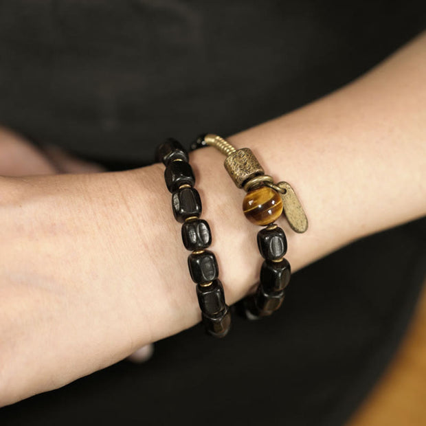 Buddha Stones Ebony Wood Copper Brass Tiger Eye Peace Double Wrap Bracelet Bracelet BS 4