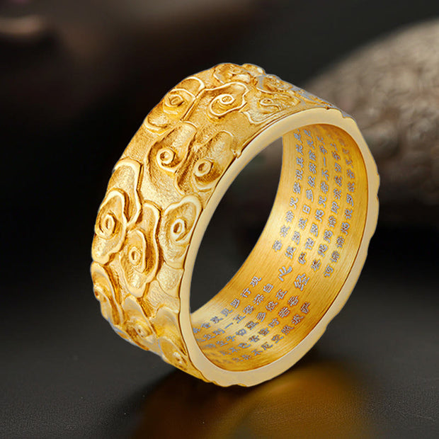 Buddha Stones Auspicious Clouds Engraved Heart Sutra Pattern Titanium Steel Calm Ring Ring BS Gold US11