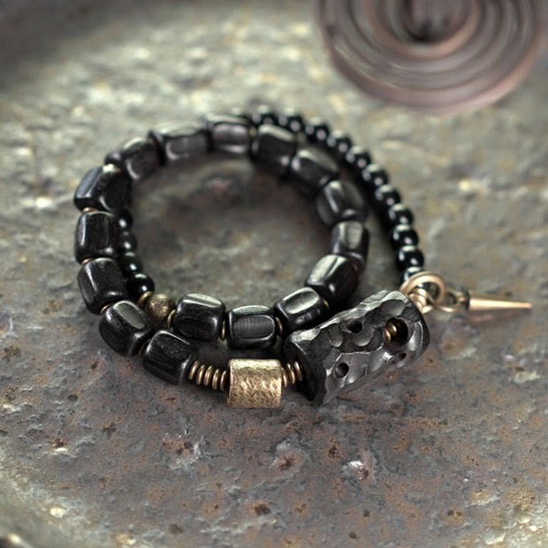 Buddha Stones Ebony Wood Black Obsidian Copper Brass Peace Double Wrap Bracelet Bracelet BS 8