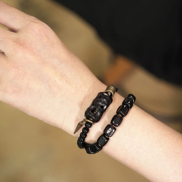 Buddha Stones Ebony Wood Black Obsidian Copper Brass Peace Double Wrap Bracelet Bracelet BS 14