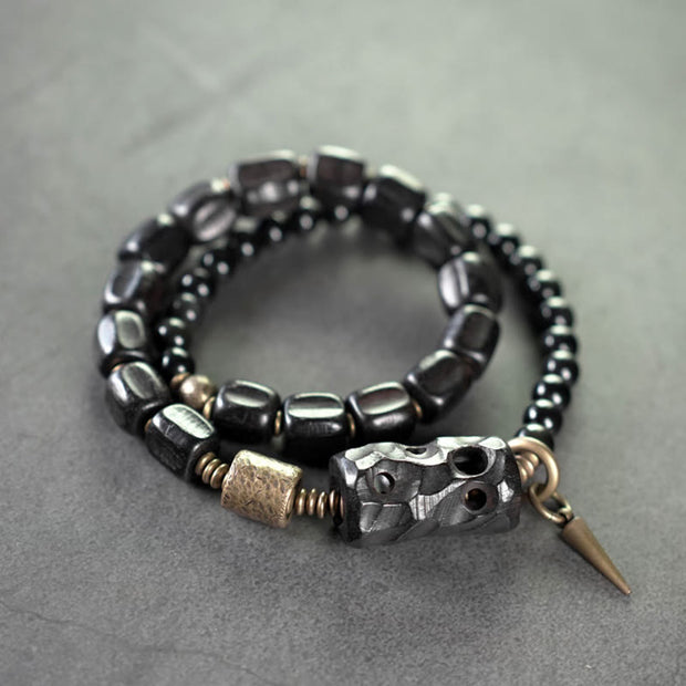 Buddha Stones Ebony Wood Black Obsidian Copper Brass Peace Double Wrap Bracelet Bracelet BS Ebony Wood Black Obsidian Brass(Wrist Circumference: 17-17.5cm)