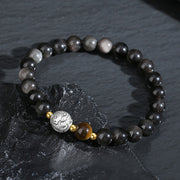 Buddha Stones Black Obsidian 999 Sterling Silver Tiger Eye 925 Sterling Silver Koi Fish Purification Bracelet