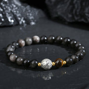 Buddha Stones Black Obsidian 999 Sterling Silver Tiger Eye 925 Sterling Silver Koi Fish Purification Bracelet