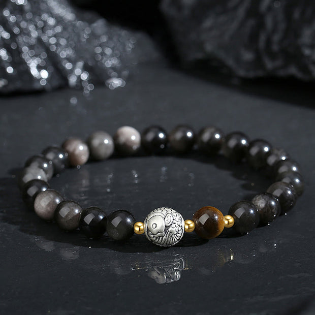 Buddha Stones Black Obsidian 999 Sterling Silver Tiger Eye 925 Sterling Silver Koi Fish Purification Bracelet Bracelet BS Black Obsidian 999 Sterling Silver Tiger Eye(Wrist Circumference: 14-16.5cm)