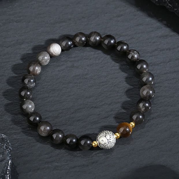 Buddha Stones Black Obsidian 999 Sterling Silver Tiger Eye 925 Sterling Silver Koi Fish Purification Bracelet Bracelet BS 1