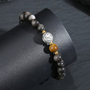 Buddha Stones Black Obsidian 999 Sterling Silver Tiger Eye 925 Sterling Silver Koi Fish Purification Bracelet