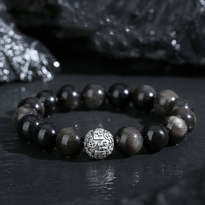 Buddha Stones Black Obsidian 999 Sterling Silver Purification Fu Character Transformation Bracelet Bracelet BS Black Obsidian 999 Sterling Silver(Wrist Circumference: 14-16.5cm)