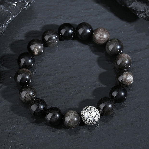 Buddha Stones Black Obsidian 999 Sterling Silver Purification Fu Character Transformation Bracelet Bracelet BS 2