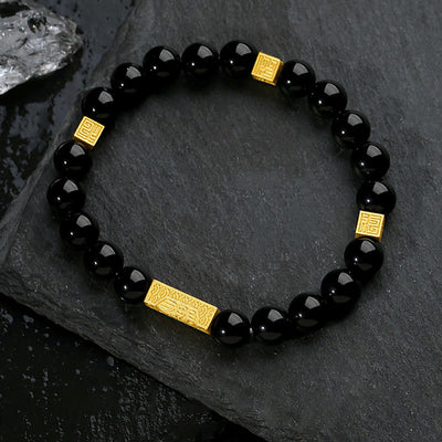 Buddha Stones Black Obsidian 925 Sterling Silver Fu Character Cube Strength Bracelet Bracelet BS Black Obsidian 925 Sterling Golden Silver(Wrist Circumference: 17-19cm)