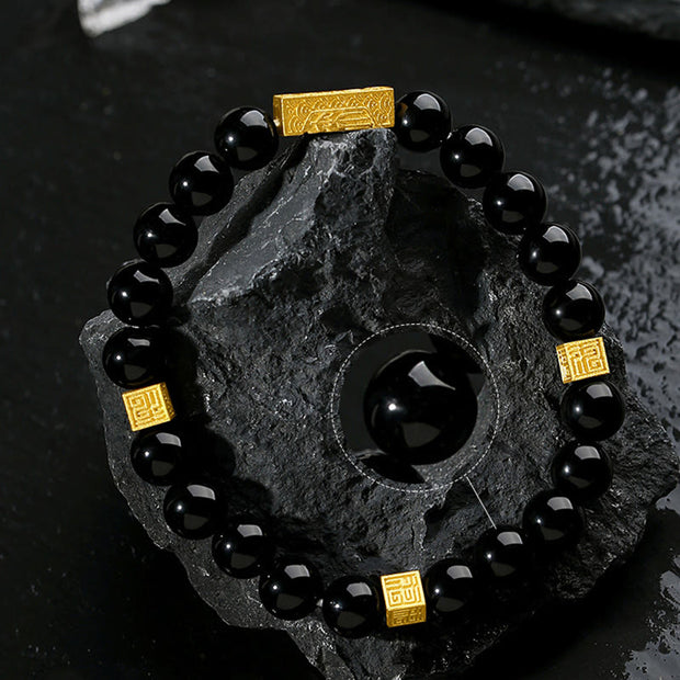 Buddha Stones Black Obsidian 925 Sterling Silver Fu Character Cube Strength Bracelet Bracelet BS 4