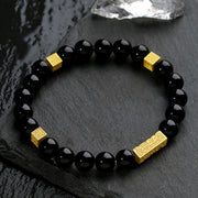 Buddha Stones Black Obsidian 925 Sterling Silver Fu Character Cube Strength Bracelet