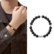 Buddha Stones Black Obsidian 925 Sterling Silver Fu Character Cube Strength Bracelet Bracelet BS Black Obsidian 925 Sterling Silver(Wrist Circumference: 17-19cm)