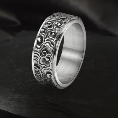 Buddha Stones Auspicious Clouds Pattern Carved Titanium Steel Balance Rotatable Ring Ring BS Silver US13