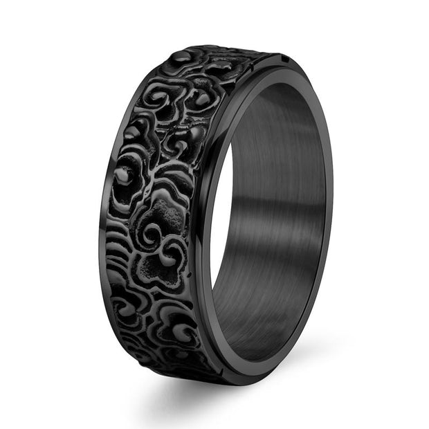 Buddha Stones Auspicious Clouds Pattern Carved Titanium Steel Balance Rotatable Ring Ring BS Black US13