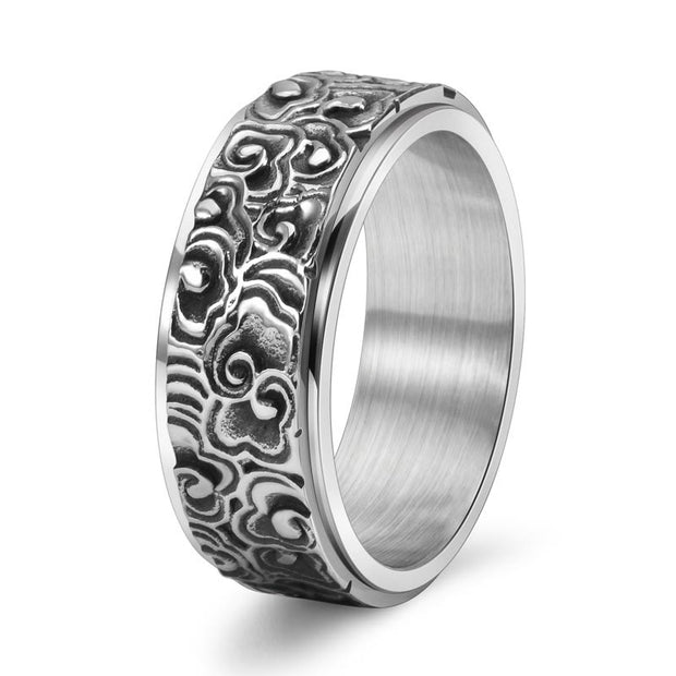 Buddha Stones Auspicious Clouds Pattern Carved Titanium Steel Balance Rotatable Ring Ring BS 3