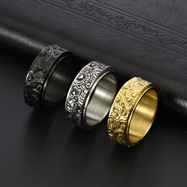 Buddha Stones Auspicious Clouds Pattern Carved Titanium Steel Balance Rotatable Ring Ring BS 1