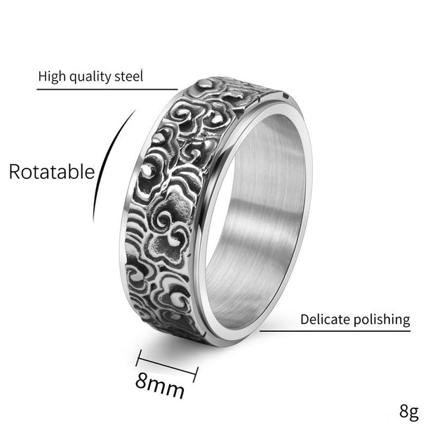 Buddha Stones Auspicious Clouds Pattern Carved Titanium Steel Balance Rotatable Ring Ring BS 4