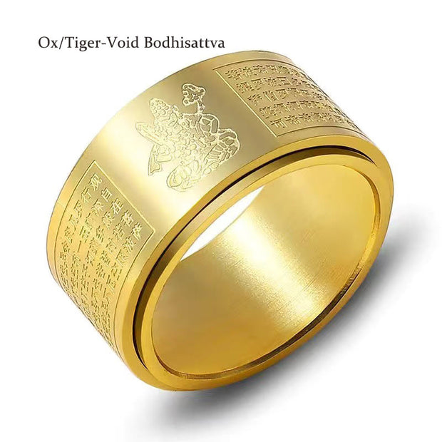 Buddha Stones Chinese Zodiac Natal Buddha Heart Sutra Carved Titanium Steel Calm Rotatable Ring Ring BS Gold Ox/Tiger-Void Bodhisattva US12