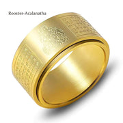 Buddha Stones Chinese Zodiac Natal Buddha Heart Sutra Carved Titanium Steel Calm Rotatable Ring Ring BS Gold Rooster-Acalanatha US12