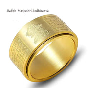 Buddha Stones Chinese Zodiac Natal Buddha Heart Sutra Carved Titanium Steel Calm Rotatable Ring Ring BS Gold Rabbit-Manjushri Bodhisattva US12