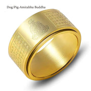 Buddha Stones Chinese Zodiac Natal Buddha Heart Sutra Carved Titanium Steel Calm Rotatable Ring Ring BS Gold Dog/Pig-Amitabha Buddha US12