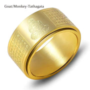 Buddha Stones Chinese Zodiac Natal Buddha Heart Sutra Carved Titanium Steel Calm Rotatable Ring Ring BS Gold Goat/Monkey-Tathagata US12