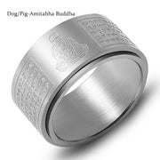 Buddha Stones Chinese Zodiac Natal Buddha Heart Sutra Carved Titanium Steel Calm Rotatable Ring Ring BS Silver Dog/Pig-Amitabha Buddha US12