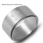 Buddha Stones Chinese Zodiac Natal Buddha Heart Sutra Carved Titanium Steel Calm Rotatable Ring Ring BS Silver Rabbit-Manjushri Bodhisattva US12