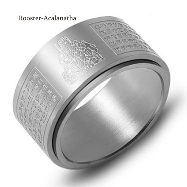 Buddha Stones Chinese Zodiac Natal Buddha Heart Sutra Carved Titanium Steel Calm Rotatable Ring Ring BS Silver Rooster-Acalanatha US12