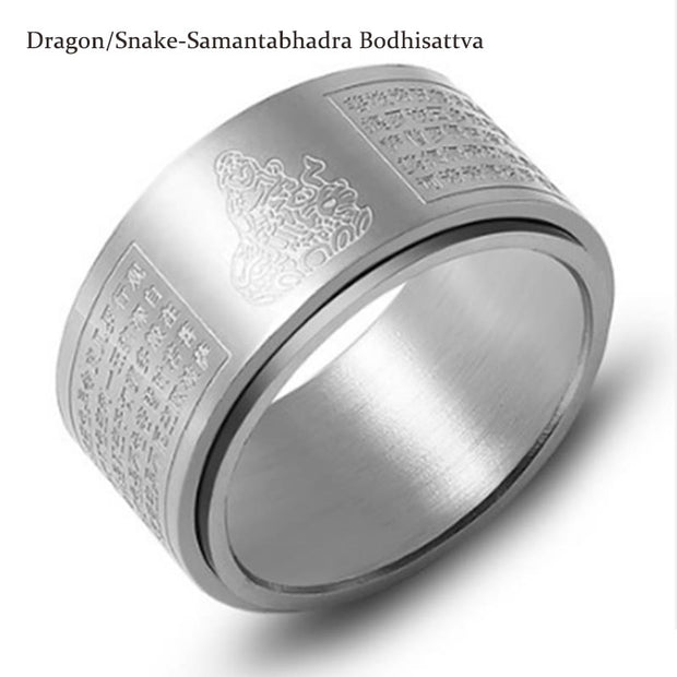 Buddha Stones Chinese Zodiac Natal Buddha Heart Sutra Carved Titanium Steel Calm Rotatable Ring Ring BS Silver Dragon/Snake-Samantabhadra Bodhisattva US12