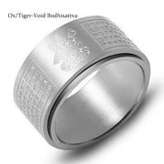 Buddha Stones Chinese Zodiac Natal Buddha Heart Sutra Carved Titanium Steel Calm Rotatable Ring Ring BS Silver Ox/Tiger-Void Bodhisattva US12