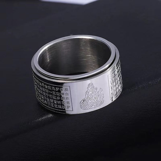 Buddha Stones Chinese Zodiac Natal Buddha Heart Sutra Carved Titanium Steel Calm Rotatable Ring Ring BS 25