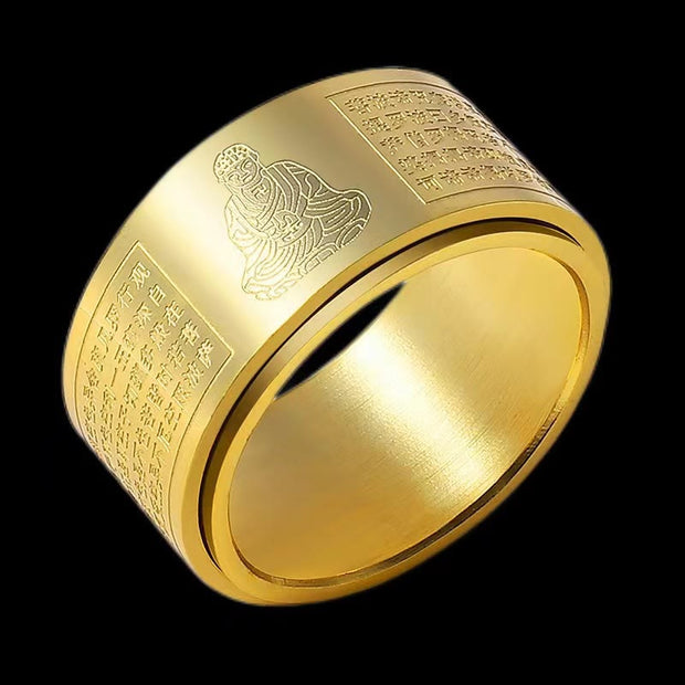 Buddha Stones Chinese Zodiac Natal Buddha Heart Sutra Carved Titanium Steel Calm Rotatable Ring Ring BS 16