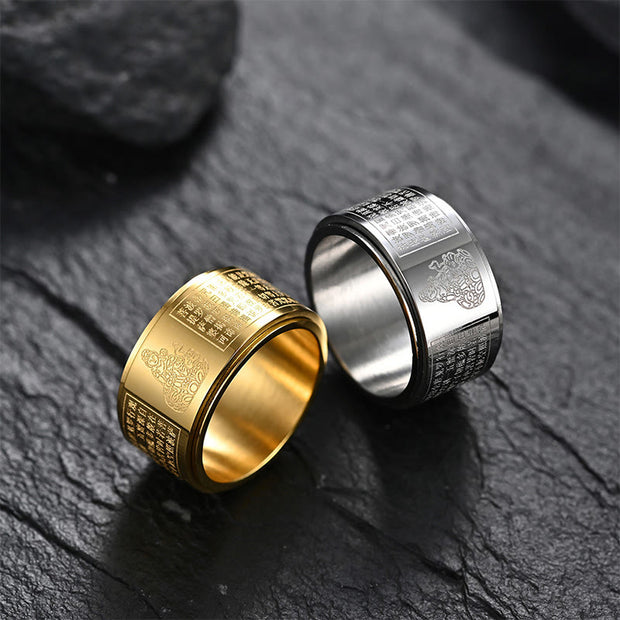 Buddha Stones Chinese Zodiac Natal Buddha Heart Sutra Carved Titanium Steel Calm Rotatable Ring Ring BS 27