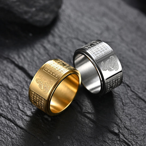 Buddha Stones Chinese Zodiac Natal Buddha Heart Sutra Carved Titanium Steel Calm Rotatable Ring Ring BS 37