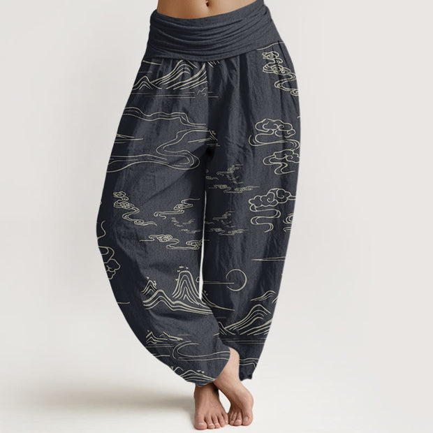 Buddha Stones Mountain Moon Auspicious Clouds Pattern Women's Elastic Waist Harem Pants