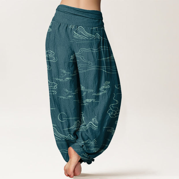 Buddha Stones Cotton Mountain Moon Auspicious Clouds Pattern Women's Elastic Waist Harem Pants - image 15