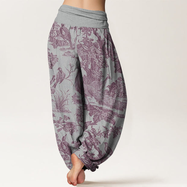 Buddha Stones Birds Trees Branches Pattern Women's Elastic Waist Harem Pants