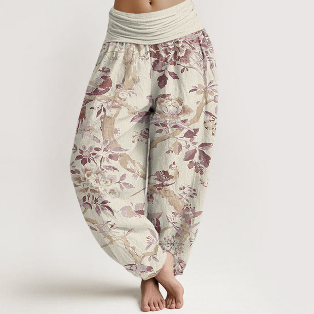 Buddha Stones Birds Branches Flowers Pattern Women's Elastic Waist Harem Pants