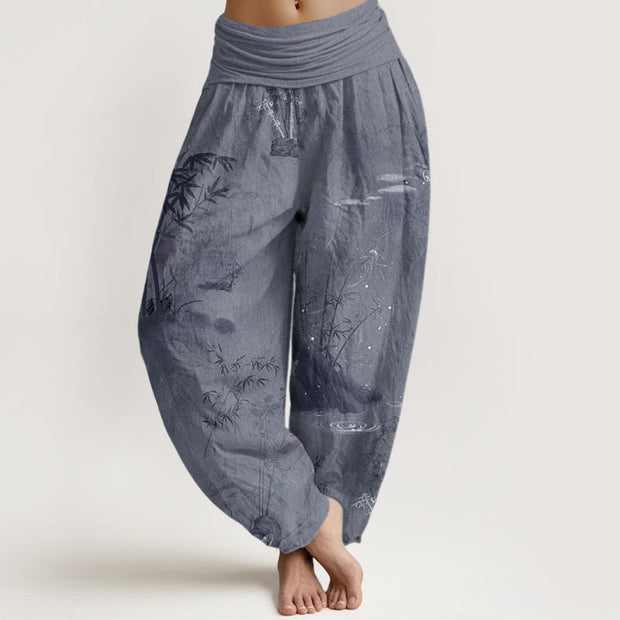 Buddha Stones Casual Bamboo Rock Ink Painting Women's Elastic Waist Harem Pants