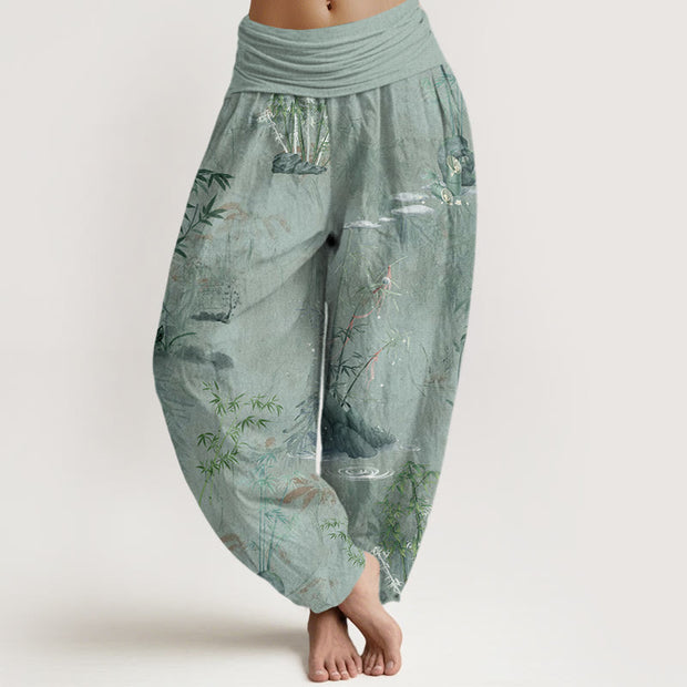 Buddha Stones Casual Bamboo Rock Ink Painting Women's Elastic Waist Harem Pants