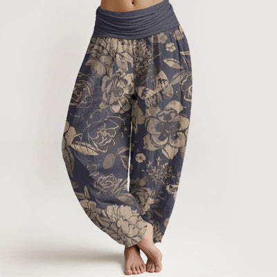 Buddha Stones Casual Peony Flowers Leaves Women's Elastic Waist Harem Pants